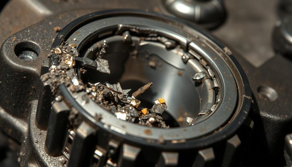A close-up view of a damaged rod bearing in a high-performance engine, showcasing clear signs of failure. The bearing surface exhibits severe scuffing, pitting, and discoloration, indicating prolonged stress and lack of lubrication. Metallic flakes and debris are strewn across the bearing race, further highlighting the extent of the damage. The image is captured under bright, directional lighting, casting harsh shadows that accentuate the imperfections. The background is a muted, neutral tone, keeping the focus solely on the failed component. This visually striking representation will effectively illustrate the troubling signs of rod bearing failure in a 3.2L VR6 engine.