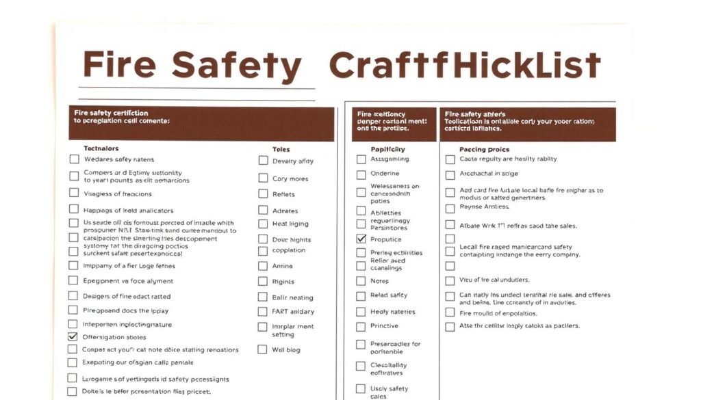 A detailed fire safety certification checklist against a clean white background, with a minimalist and professional design. The checklist is organized into clear sections, with checkboxes, text fields, and relevant icons to denote different safety criteria. The layout is well-structured, with a balance of negative space and visual hierarchy to make the information easy to scan. The overall mood is one of diligence and attention to detail, conveying the importance of adhering to local fire safety regulations. Warm, neutral lighting casts a subtle glow, creating a sense of authority and reliability.