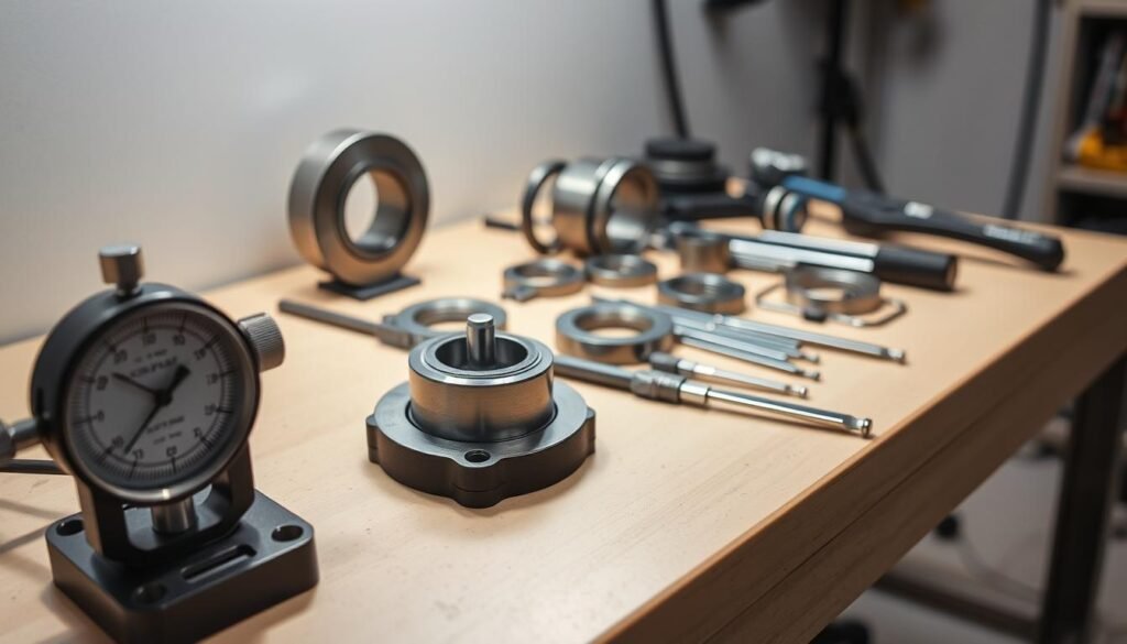 A meticulously crafted arrangement of precision bearing alignment tools sits atop a clean, well-lit workbench. In the foreground, a dial indicator and a magnetic base stand ready to precisely measure and adjust the bearing positions. In the middle ground, a selection of feeler gauges, shims, and other specialized tools necessary for the delicate task of aligning the bearings. The background depicts a blurred, neutral environment, allowing the tools to be the sole focus of attention. The lighting is soft and even, casting gentle shadows that accentuate the tools' forms and textures, conveying a sense of care, accuracy, and professionalism required for this intricate repair.