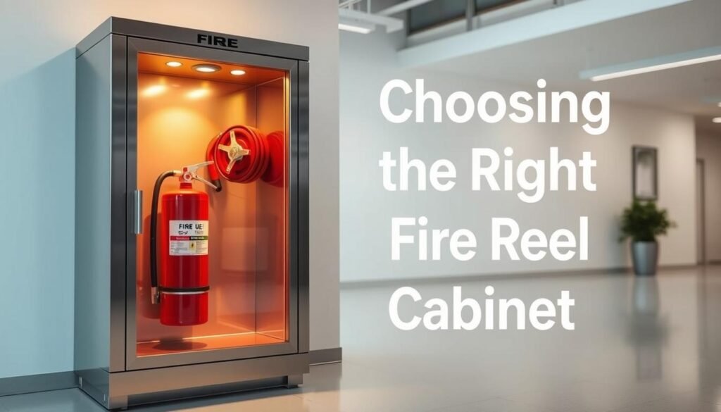 A sleek, modern fire cabinet stands prominently in a well-lit commercial space. The cabinet is made of sturdy stainless steel, with a tempered glass panel showcasing the fire extinguisher and hose reel within. Warm, diffused lighting illuminates the cabinet, creating a sense of readiness and reliability. The cabinet is placed at eye-level, easily accessible in the event of an emergency. The surrounding environment is clean, minimalist, and professional, complementing the fire cabinet's design. The overall composition conveys a strong emphasis on safety and preparedness, perfectly suited for the "Choosing the Right Fire Hose Reel Cabinet" section of the article.