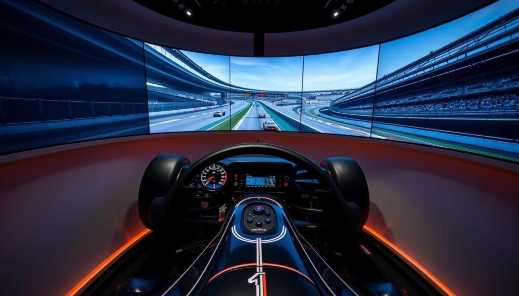 A sleek, state-of-the-art F1 simulator nestled in the heart of Singapore, showcasing the cutting-edge technology and unparalleled realism that transports the user into the thrilling world of Formula One racing. The intricate control panel, meticulously crafted to replicate the dashboard of a Formula One car, glows with a soft, ambient light, inviting the user to take the wheel and embark on a heart-pounding virtual journey. The simulator is surrounded by a panoramic screen, creating an immersive experience that blurs the line between reality and simulation, with high-fidelity graphics and precise motion sensors that respond to the slightest movements. The entire setup is housed in a minimalist, futuristic enclosure, emphasizing the exclusivity and premium nature of this one-of-a-kind attraction in Singapore.